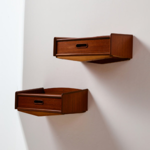 Wall mounted teak and beech bedside cabinet, Set of 2