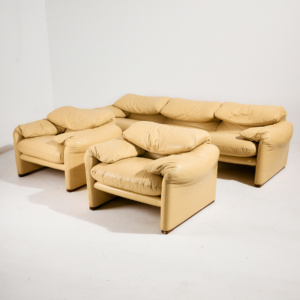 Maralunga leather set by Vico Magistretti for Cassina, Set of 3