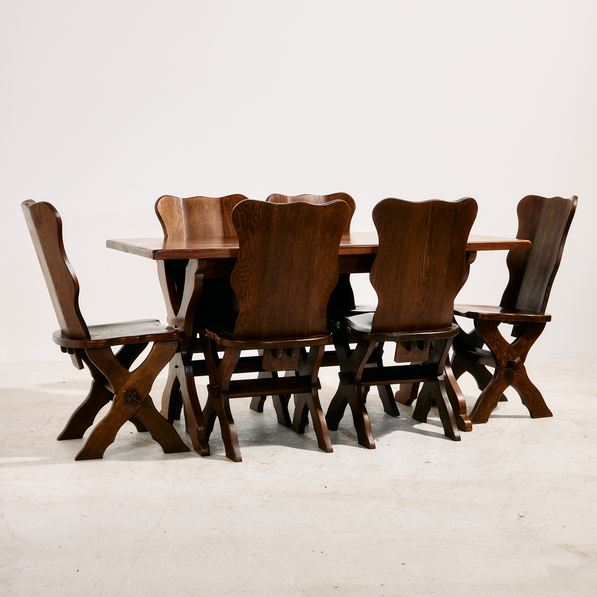 Brutalist oak dining set, set of 7